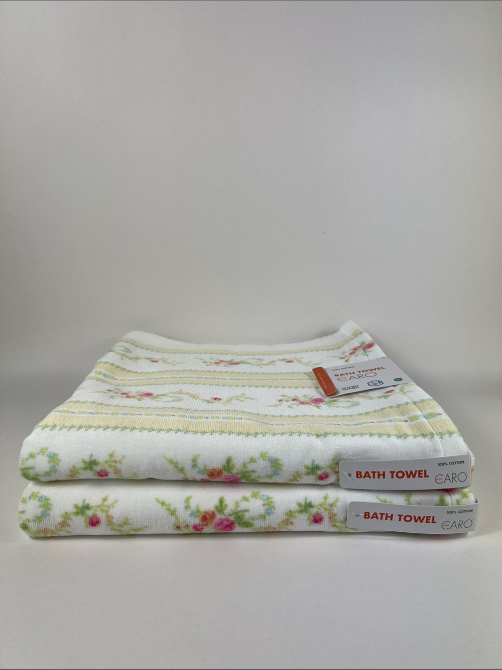 Caro Home Bath Towel Set Floral Stripe White & Yellow Cotton Velour Set of 2 NEW